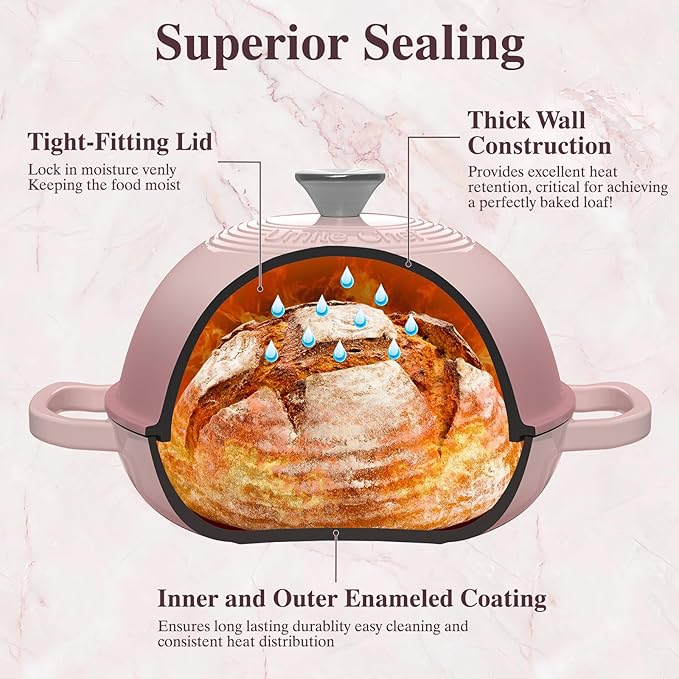 Cast Iron Dutch Oven Pot with Lid, Round Bread Oven for Sourdough Bread Baking, Umite Chef Enameled Cast Iron Bread Oven with Dome Lid & Cotton Potholders for Sourdough, Pink, 6 Quarts
