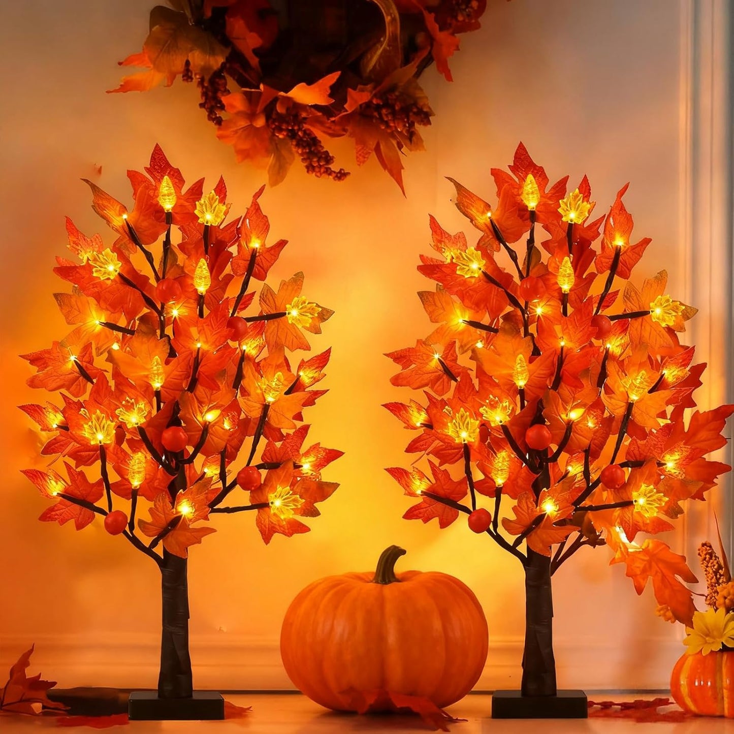 2 Pack 24 Inch Prelit Fall Maple Tree Decorations with 48 LEDs Timer Fall Battery Operated Light Up Artificial Pumpkin Acorn Lighted Maple Tree for Thanksgiving Harvest Table Home Indoor Decor