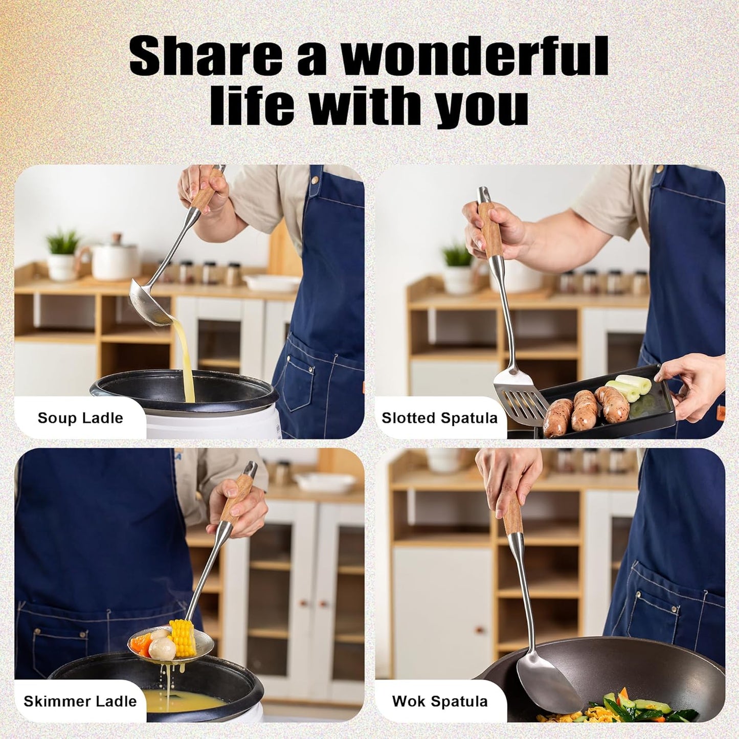 FJNATINH Wok Utensils for Carbon Steel, Stainless Steel Wok Spatula Metal Set, 6-Pieces 13-15 Inch Extra Long, Wok Tools Professional Set, Wooden Handle Skimmer, Soup Ladle, Slotted Turner