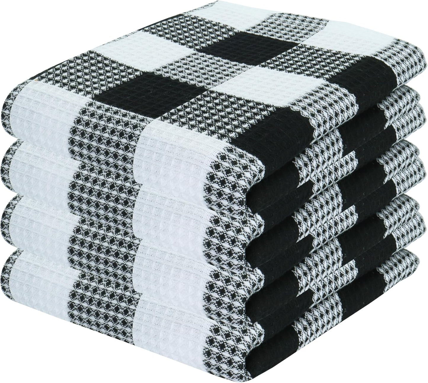 PurpleEssences 100% Cotton Waffle Weave Check Plaid Kitchen Towels, Super Soft and Absorbent Dish Towels for Drying Dishes 15 x 25-4 Pack - Fall Thanksgiving - Black and White
