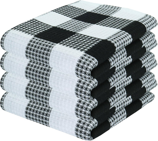 PurpleEssences 100% Cotton Waffle Weave Check Plaid Kitchen Towels, Super Soft and Absorbent Dish Towels for Drying Dishes 15 x 25-4 Pack - Fall Thanksgiving - Black and White