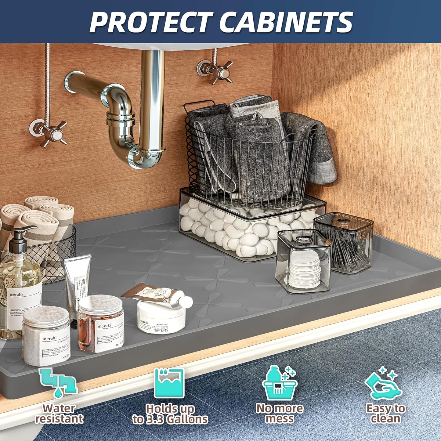 SIKADEER 34" x 22" Under Sink Mat Waterproof, Silicone Mat Kitchen Drawer Shelf and Cabinet Liner, Sink Protector for Kitchen Organizers and Storage, Boot Tray Pet Food Mats