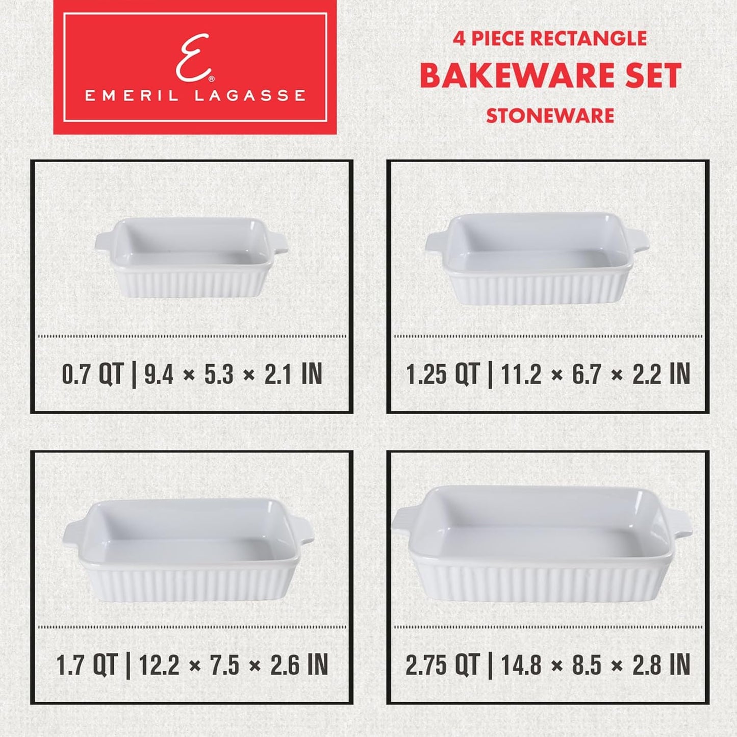 Emeril Lagasse Casserole Dishes for Oven, 4pc Ceramic Bakeware Set, Rectangular Deep Lasagna Pans with Handles, White