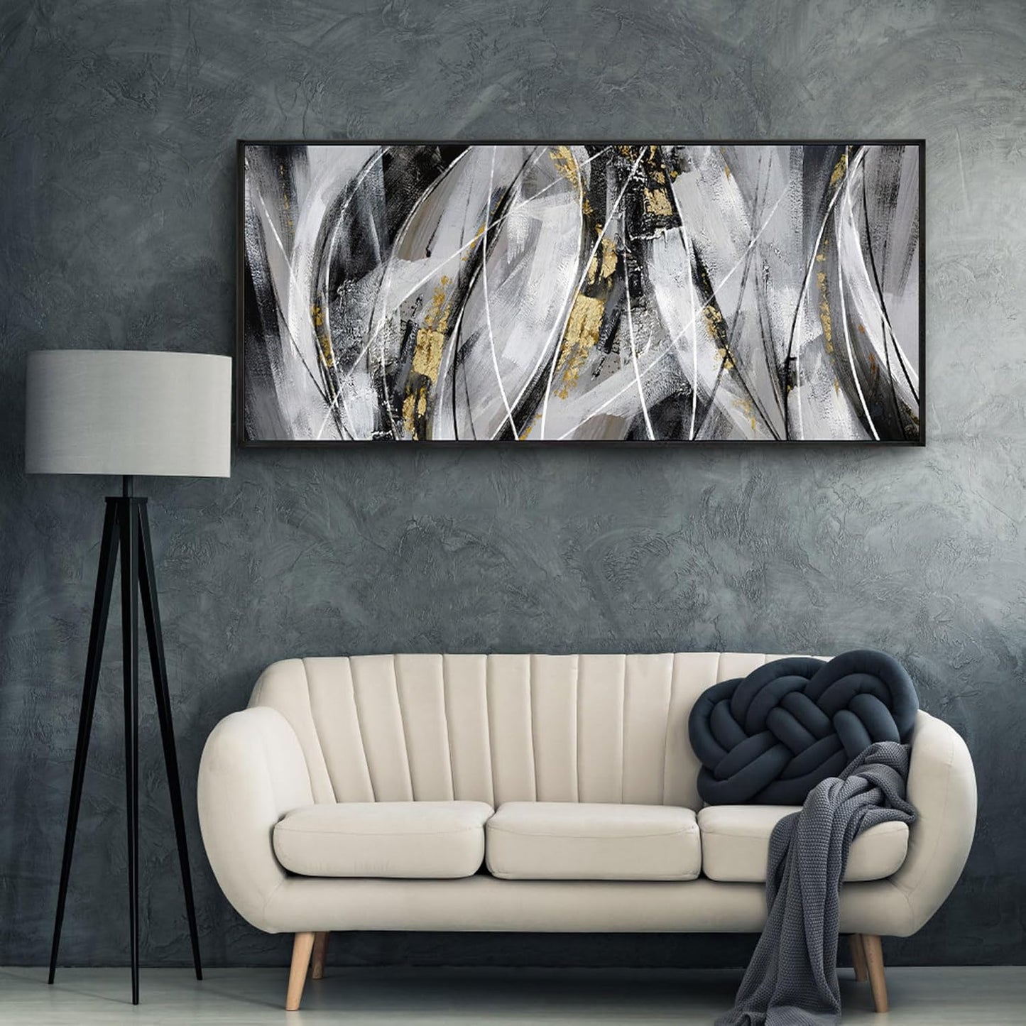KLAKLA Abstract Frame Wall Art - Black and White Picture for Living Room Black and Gold Framed Artwork Canvas Art Work for Office Home Decor Bedroom Wall Decoration - 70x31 Inches