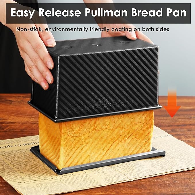 1lb Bread Pan with Dough Scraper Cutter, 8.4 X4.8inch Black Bread Loaf Pan, Rectangular Covered Metal Pullman Loaf Pan with Lid for Homemade Sandwich Bread