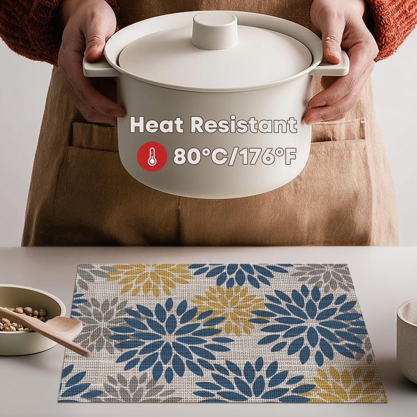 Artoid Mode Floral Vinyl Placemats Set of 4, Heat Resistant Washable Non-Slip Plistic PVC Place Mats for Party Kitchen Dining Decor, Blue Yellow