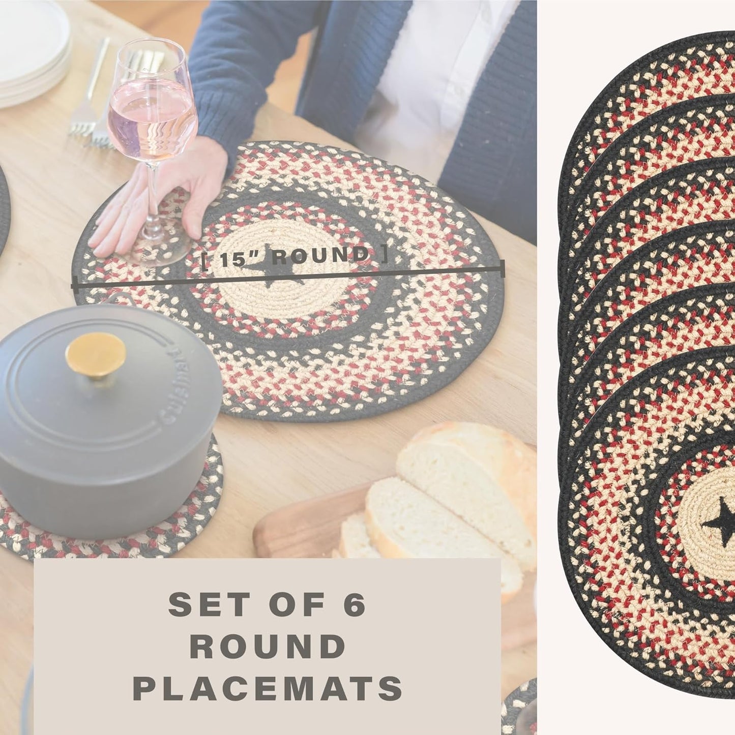 Primitive Star Gloucester Jute Woven Round Placemats Set of 6, 15", Warm Primitive Decor, Black and Red Table Mats - Vibrant Colors, Durable, Easy to Clean and Protects Furniture