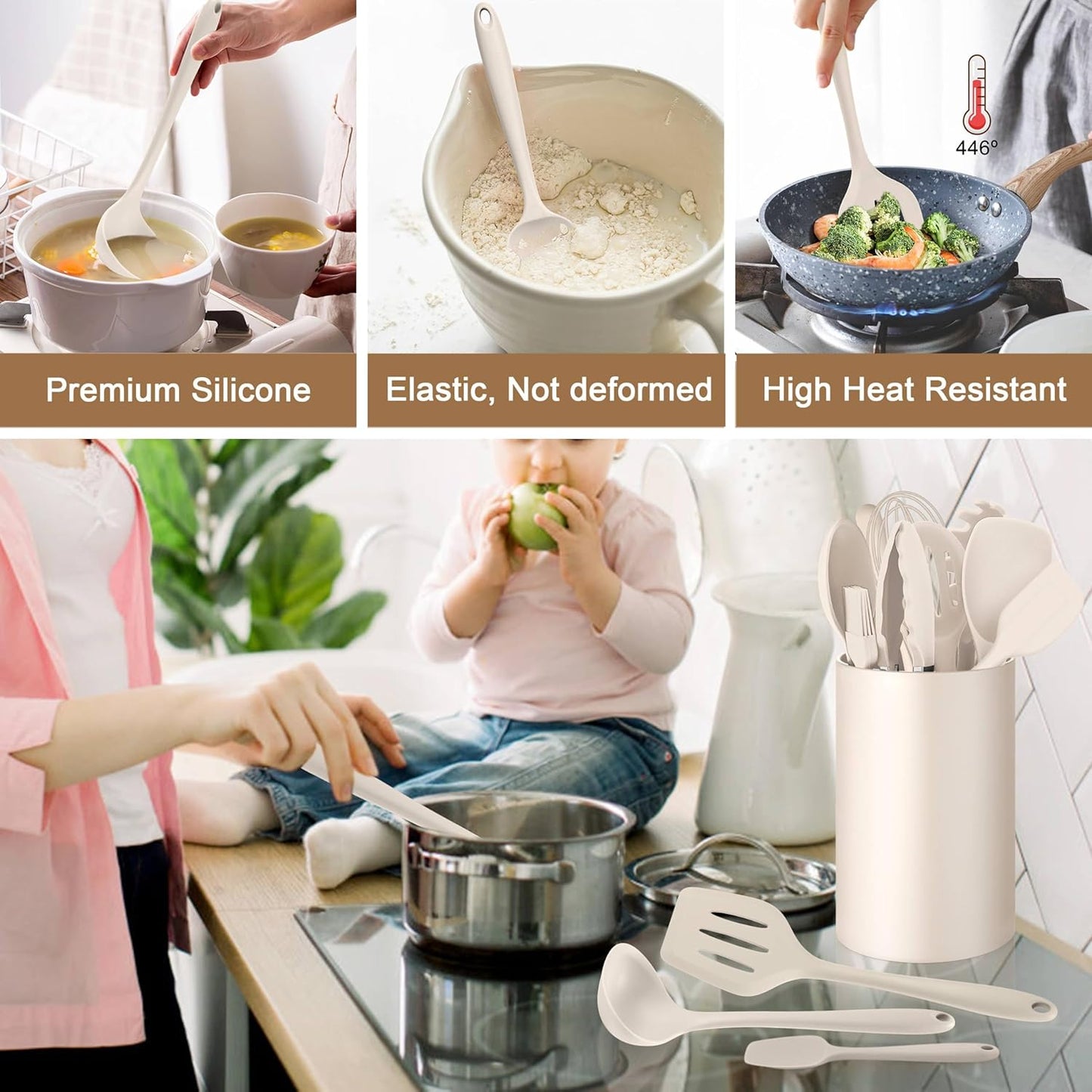 LIANYU 14 Pcs Kitchen Utensils Set with Holder, Silicone Cooking Utensils Spatula Set, Heat Resistant Cookware Tools Includes Spoon Turner Whisk Tong, Dishwasher Safe, Khaki