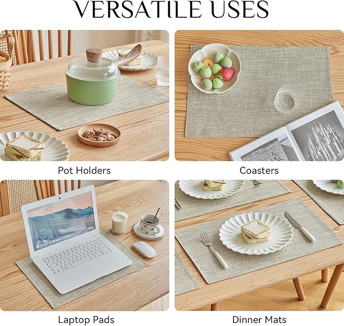 Softalker Faux Linen Placemats Set of 4-12 x 18 Inch, Heat Resistant Double Layered Durable Burlap Farmhouse Place Mats, Non-Slip Washable Rustic Table Mats for Dining, Kitchen, Party（Beige