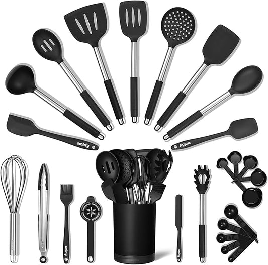 SMIRLY Kitchen Utensils Set – 26-Piece Silicone Cooking Utensils Set, Spatula Set with Holder, Stainless Steel Handle Silicone Kitchen Gadgets for Nonstick Cookware