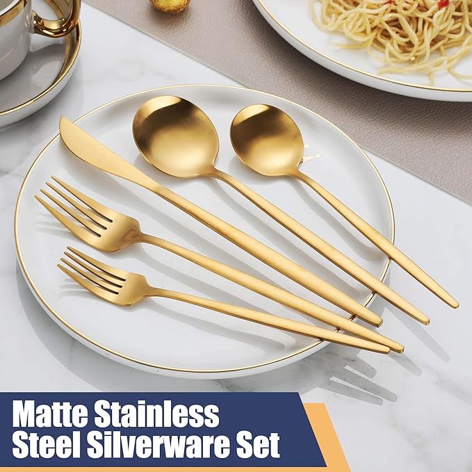 Matte Gold Silverware Set,30 Piece Stainless Steel Modern Flatware Set,Brushed Cutlery Set Service for 6,Satin Finish Utensils Set,Home Kitchen and Restaurant,Dishwasher Safe