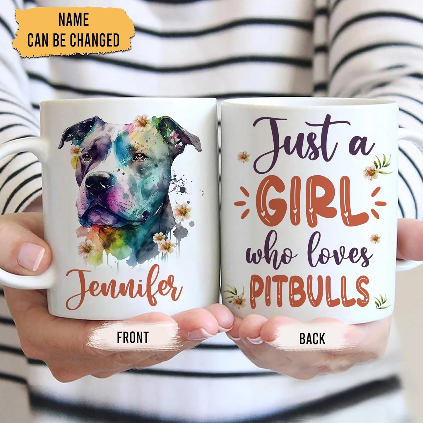 Hyturtle Personalized Gifts Pitbull Lover - Just A Girl Who Loves Pitbulls Custom Name Ceramic Coffee Mug Cup 11oz - Idea Cute Dog Lover Gifts For Women, Girl Daughter On Birthday, Christmas