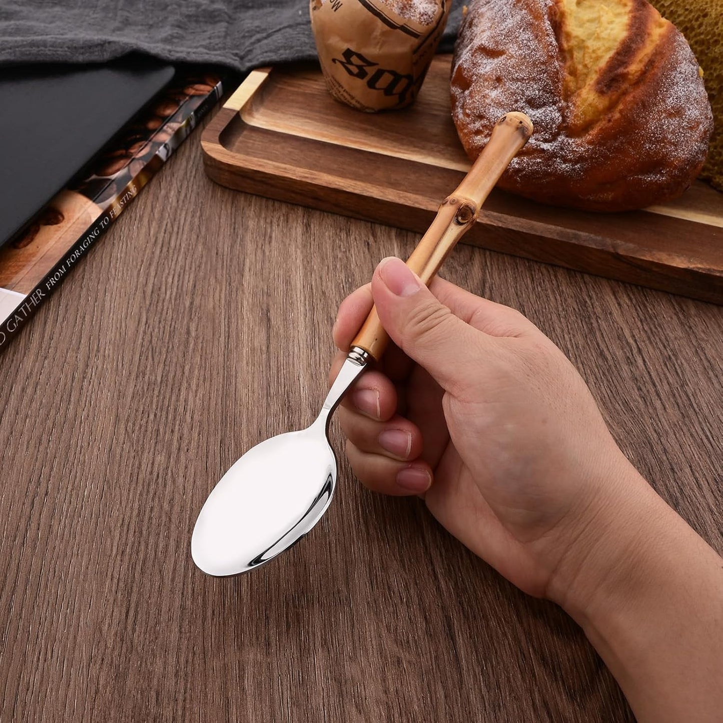 8-Piece Bamboo Handle Dinner Spoon Set, Stainless Steel Spoons for Kitchen Home and Restaurant, Mirror Polished, 8.03 inch