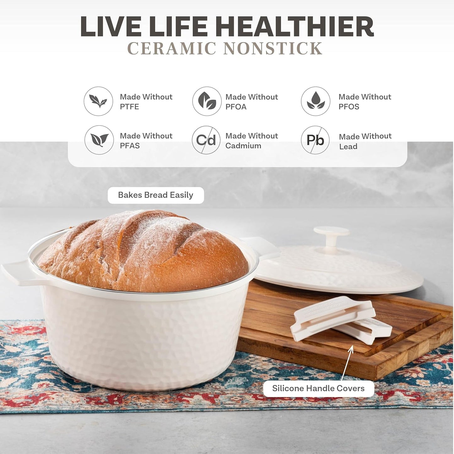 Gotham Steel Hammered 5 Qt Lightweight Dutch Oven Pot with Lid & Holders, Ceramic Non Toxic, Oven Safe & Even Heat Retaining Dutch Oven for Bread Baking Sourdough, Soup, 70% Lighter than Cast Iron