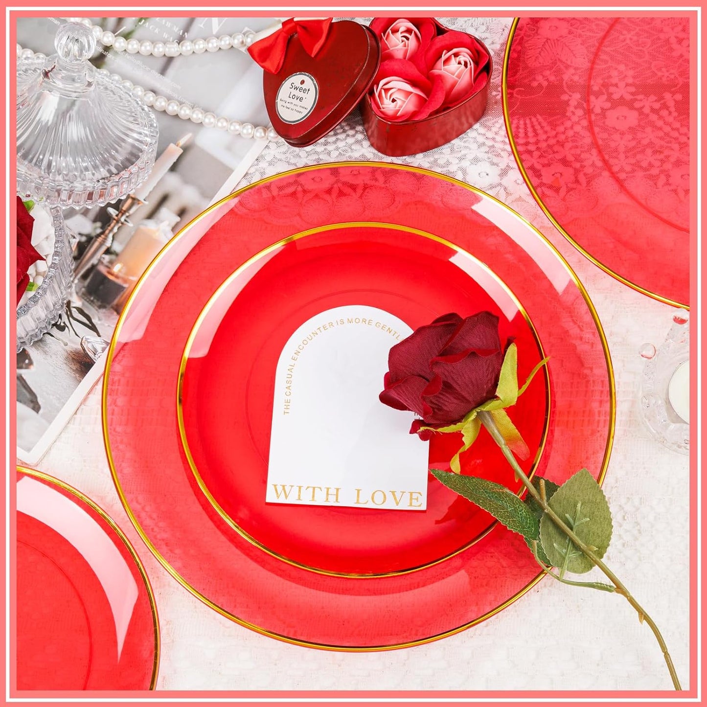 LIYH 180 Pcs Clear Red Plastic Plates Disposable - Red Dinnerware Set, Include Red and Gold Plates, Dinner Plate, Dessert Plate, Gold Plastic Silverware for Birthday Party
