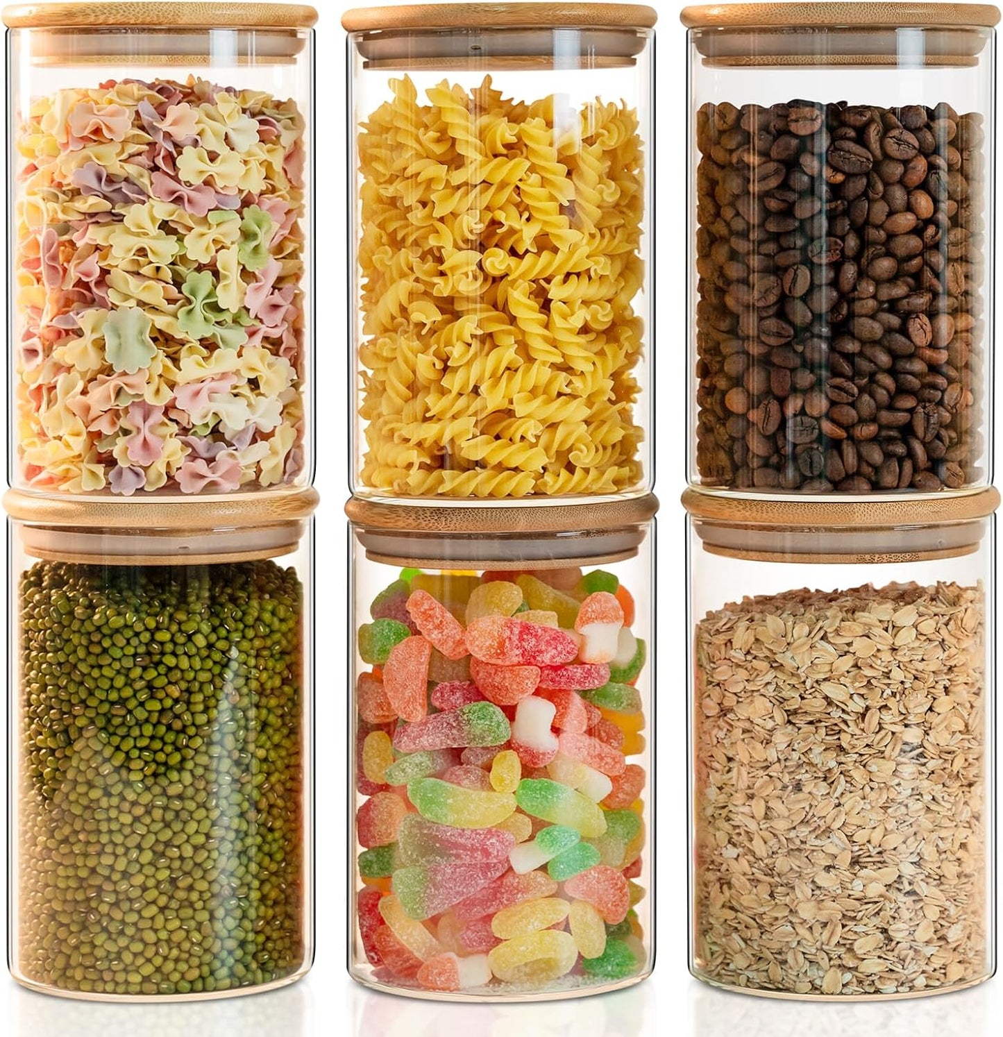 Liuruiyu 50oz Glass Food Storage Jars Set of 6,Glass Storage Containers Clear Glass Food Canister with Bamboo Lid Airtight For Serving Tea, Coffee, Flour, Sugar, Candy, Cookie, Spice and More (Round)