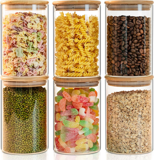 Liuruiyu 50oz Glass Food Storage Jars Set of 6,Glass Storage Containers Clear Glass Food Canister with Bamboo Lid Airtight For Serving Tea, Coffee, Flour, Sugar, Candy, Cookie, Spice and More (Round)