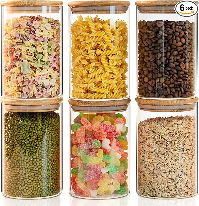 Glass Food Storage Jars 6-Pack 37oz - 4x6 in-Clear Glass Food Canisters with Bamboo Lid Airtight For Serving Tea, Coffee, Flour, Sugar, Candy, Cookie, Spice and More (Circular)