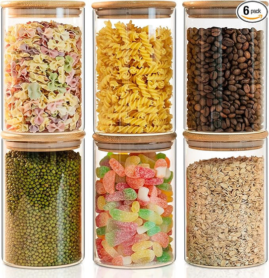 Glass Food Storage Jars 6-Pack 37oz - 4x6 in-Clear Glass Food Canisters with Bamboo Lid Airtight For Serving Tea, Coffee, Flour, Sugar, Candy, Cookie, Spice and More (Circular)