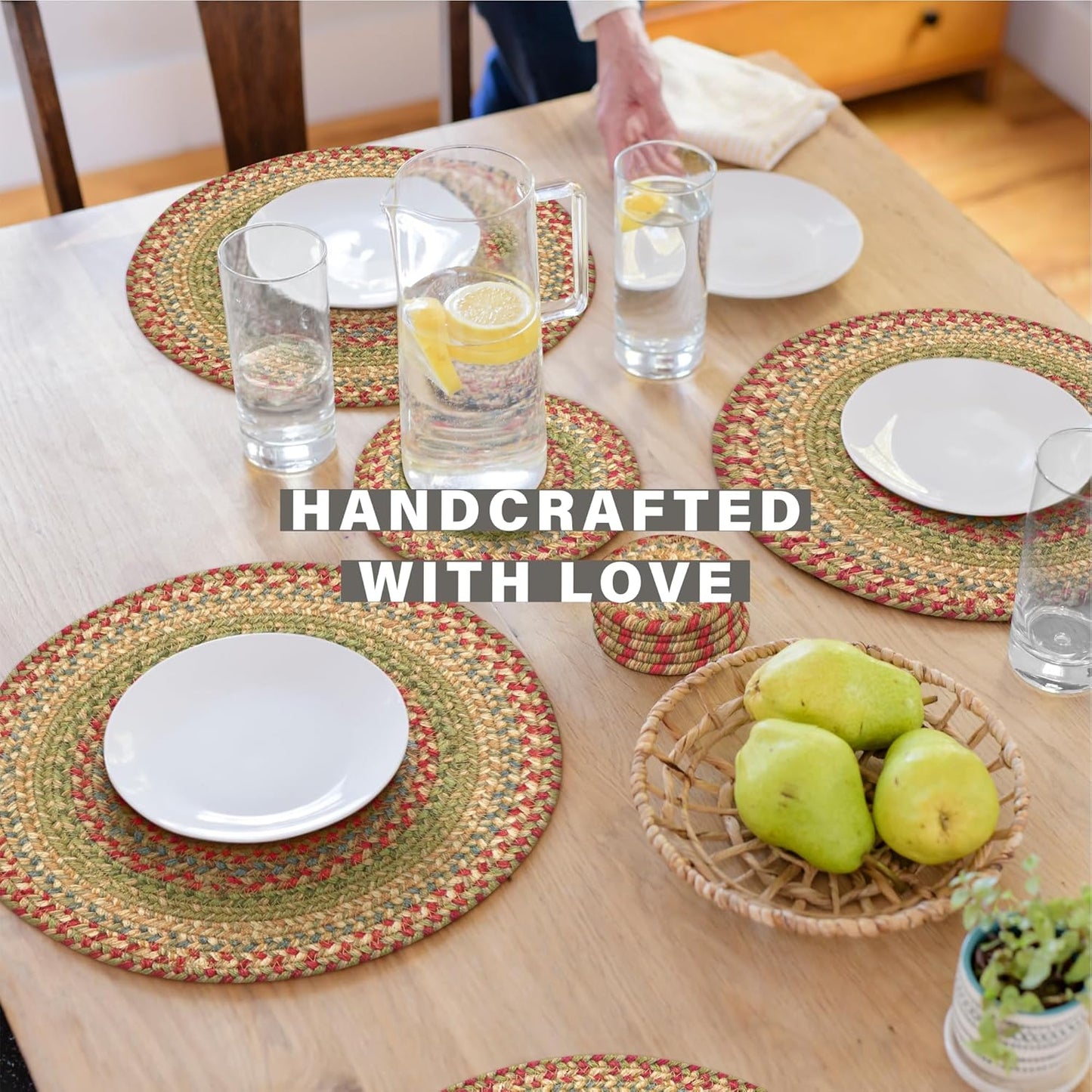 Azalea Round Braided Placemats, Warm Country Primitive Decor, Set of 2, 15" Multicolor Jute Table Mats - Vibrant Colors, Durable, Easy to Clean and Protects Furniture