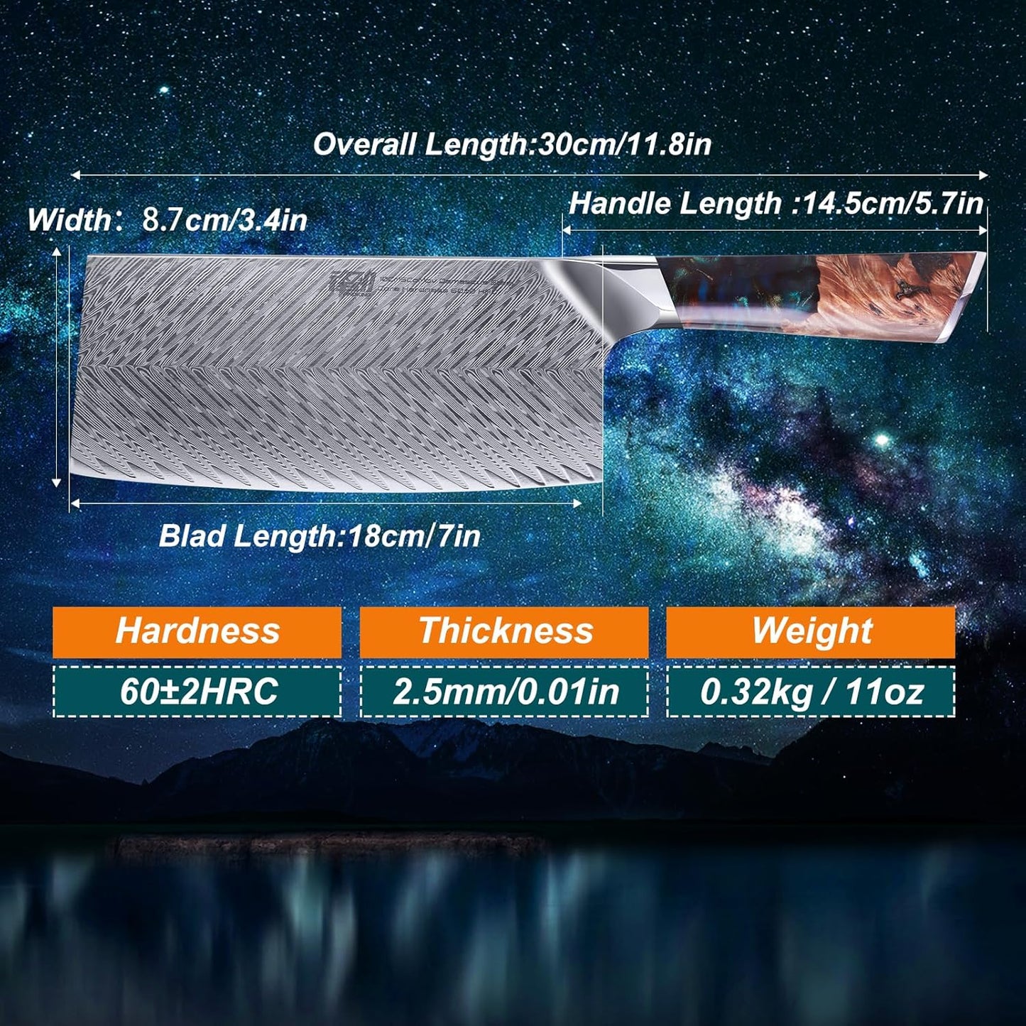 FINDKING Nebula Series Cleaver Knife, Multipurpose Chinese Chef Knife, 10Cr15CoMov Damascus Steel Blade, Resin and Figured Sycamore Handle, Full Tang, 7 Inch, Blue, for Meat, Vegetable Shredding