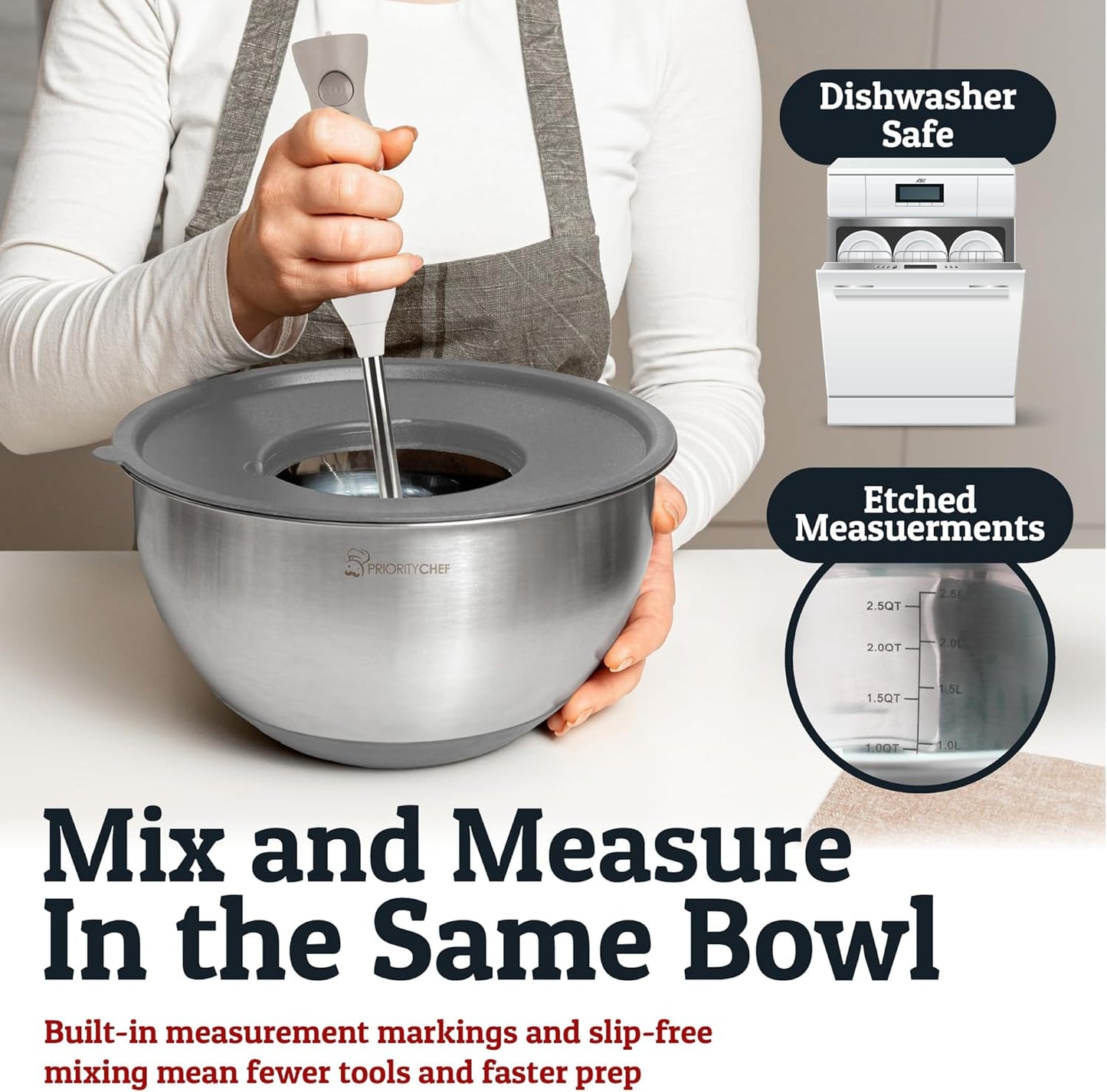 Priority Chef Stainless Steel Mixing Bowls with Lids Set, Metal Nesting Bowls with Airtight Lids, Graters, Non-Slip Base & Measurement Marks, Includes Utensil Set for Prep, Baking & Storage, Grey