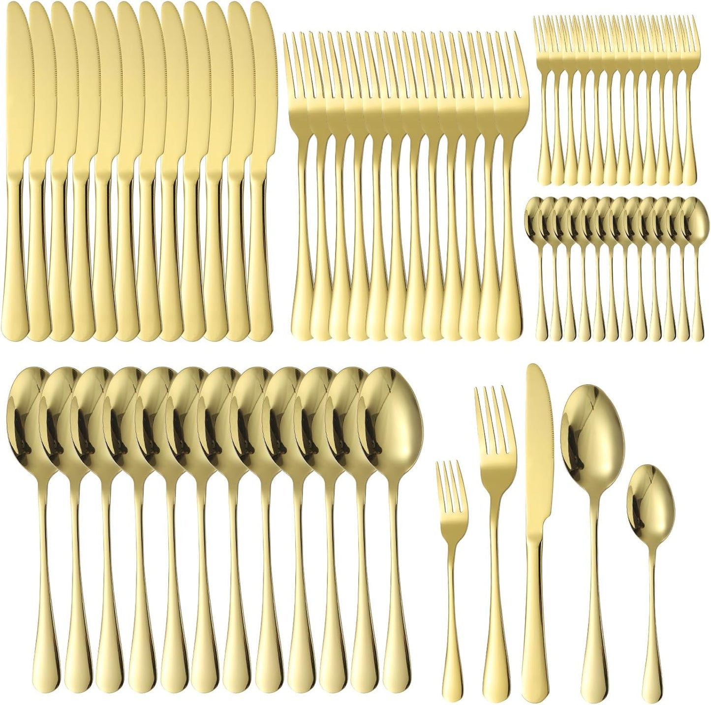 Gold Silverware Set 12 Stainless Steel Flatware Set 60 Piece Spoon Fork Knives Round Wide Handle Proper Weight Dishwasher Safe Gatherings Festival Parties…