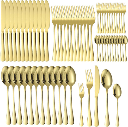 Gold Silverware Set 12 Stainless Steel Flatware Set 60 Piece Spoon Fork Knives Round Wide Handle Proper Weight Dishwasher Safe Gatherings Festival Parties…