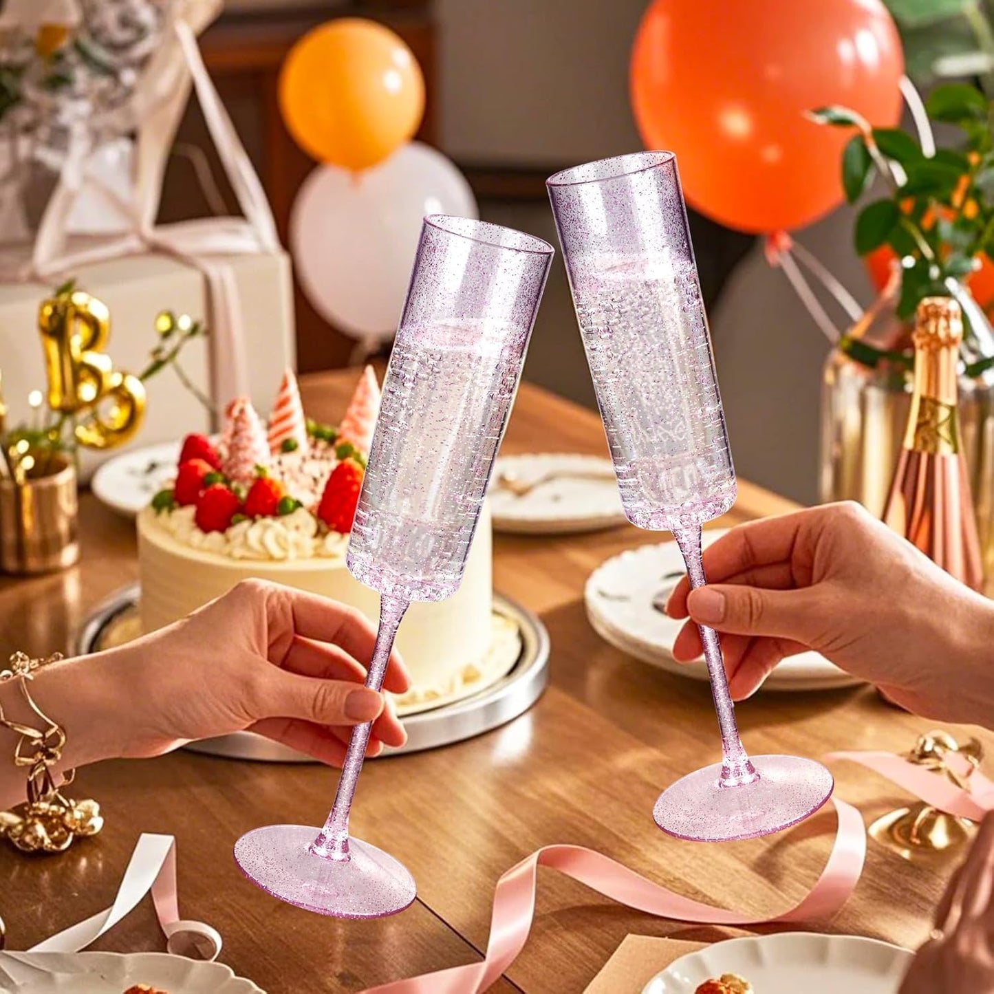 YOUBET 24 Pack Plastic Champagne Flutes - 6 Oz Rose Gold Glitter Disposable Champagne Glasses - Pink Square Plastic Wine Cups Wedding Toasting for Party Birthday Anniversary