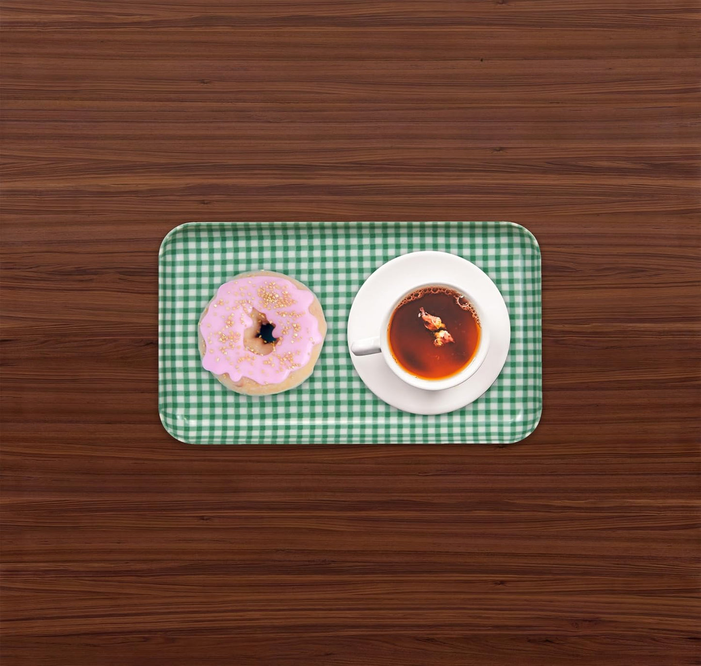 TATSU-Craft NR Non Slip Serving Tray Gingham Check, Green, Microwave Safe, Rectangular Plastic Tray, 8.5 x 4.9 Inches, Ideal for Cafeterias, Restaurants, Coffee Shops, Salad, Organic Food, and More