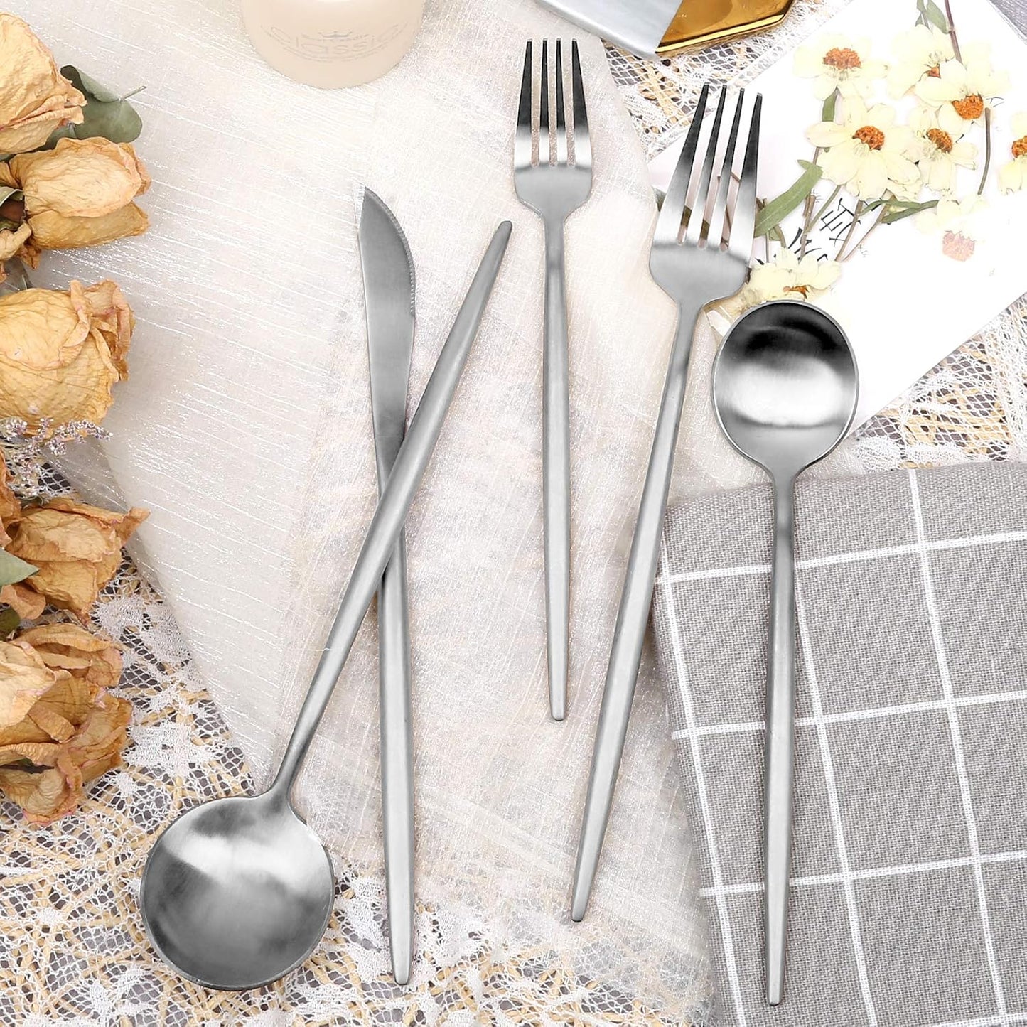 Matte Silverware Set 30 Pieces, FAMEWARE Stainless Steel Flatware Set，Service for 6，Kitchen Utensil Set, Tableware Cutlery Set, Satin Finished Polished & Dishwasher Safe