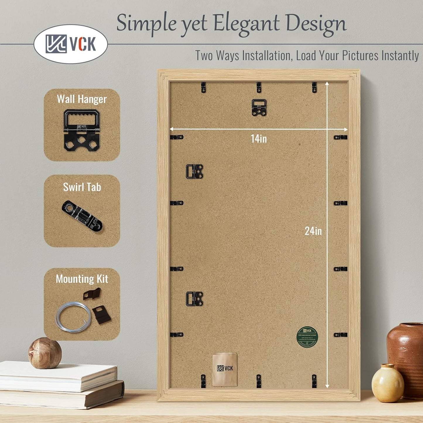 VCK 14x24 Oak Wood Frame for Picture, Natural Solid Wood Photo Frames 5 Pack, Wall Gallery Frame