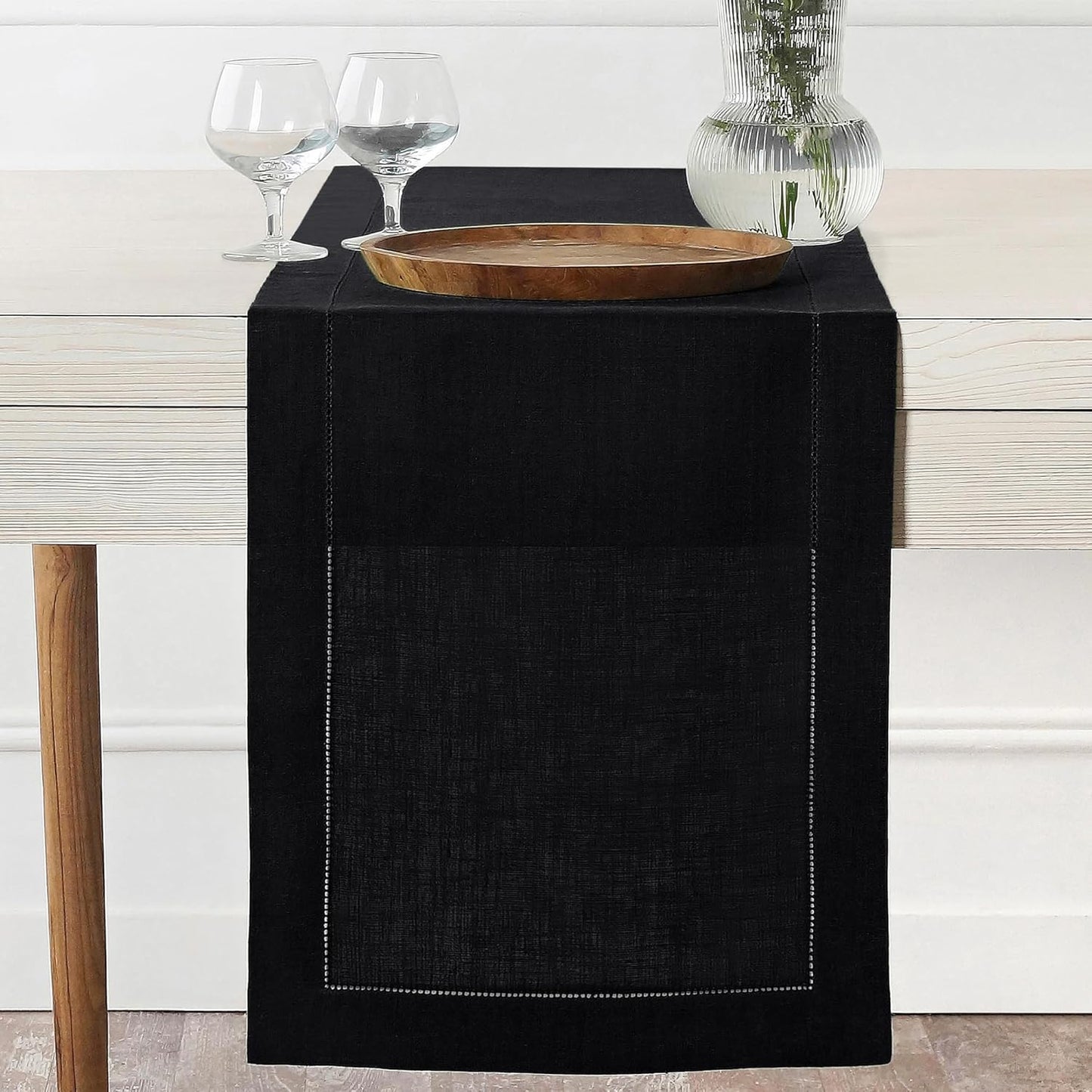 D'Moksha Homes Linen Black Table Runner 48 Inches - Classic Hemstitch, 100% Pure Linen Coffee Table Runner 14 x 48 Inch Ideal for Dresser Tables - Fall, Autumn and Halloween