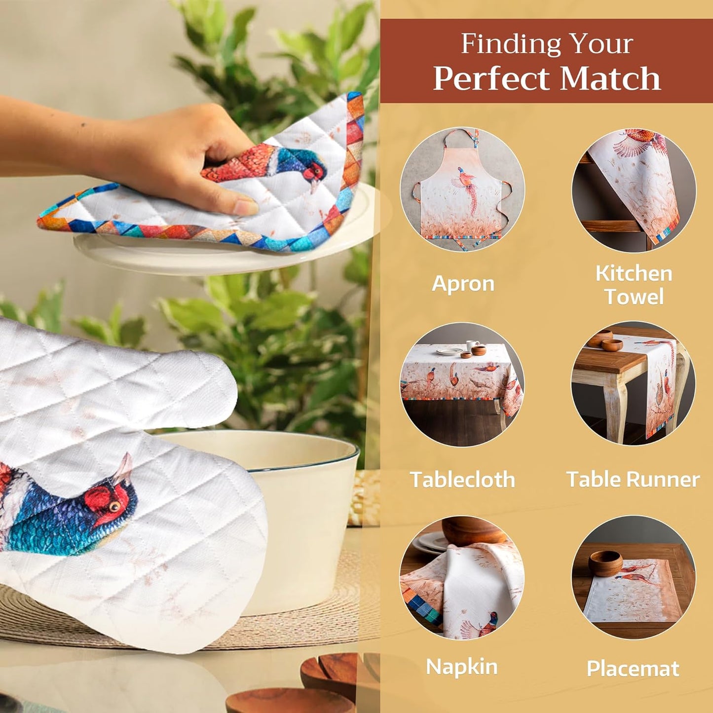 Maison d' Hermine 100% Cotton Oven Mitt & Pot Holder Set (7.5"x13" & 8"x8") Heat Resistant BBQ Cooking Gloves with Loop for Thanksgiving Christmas Decorations Handling Hot Pans (Faisan D'Automne)