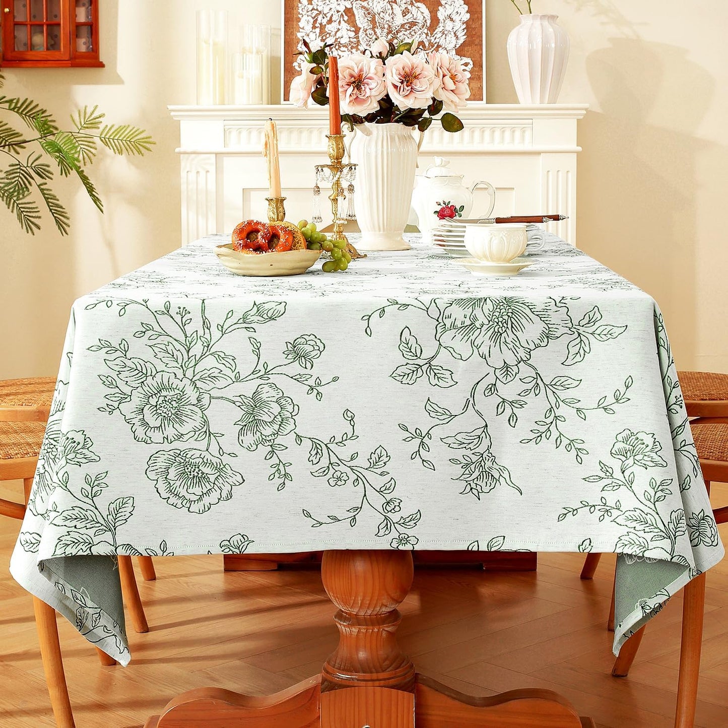 Chassic Premium Vintage Farmhouse Damask Floral 60 x 60 inch Square Table Cloth – Water Resistant Linen Textured Jacquard Tablecloth for Kitchen Dining & Picnic Decor - Green