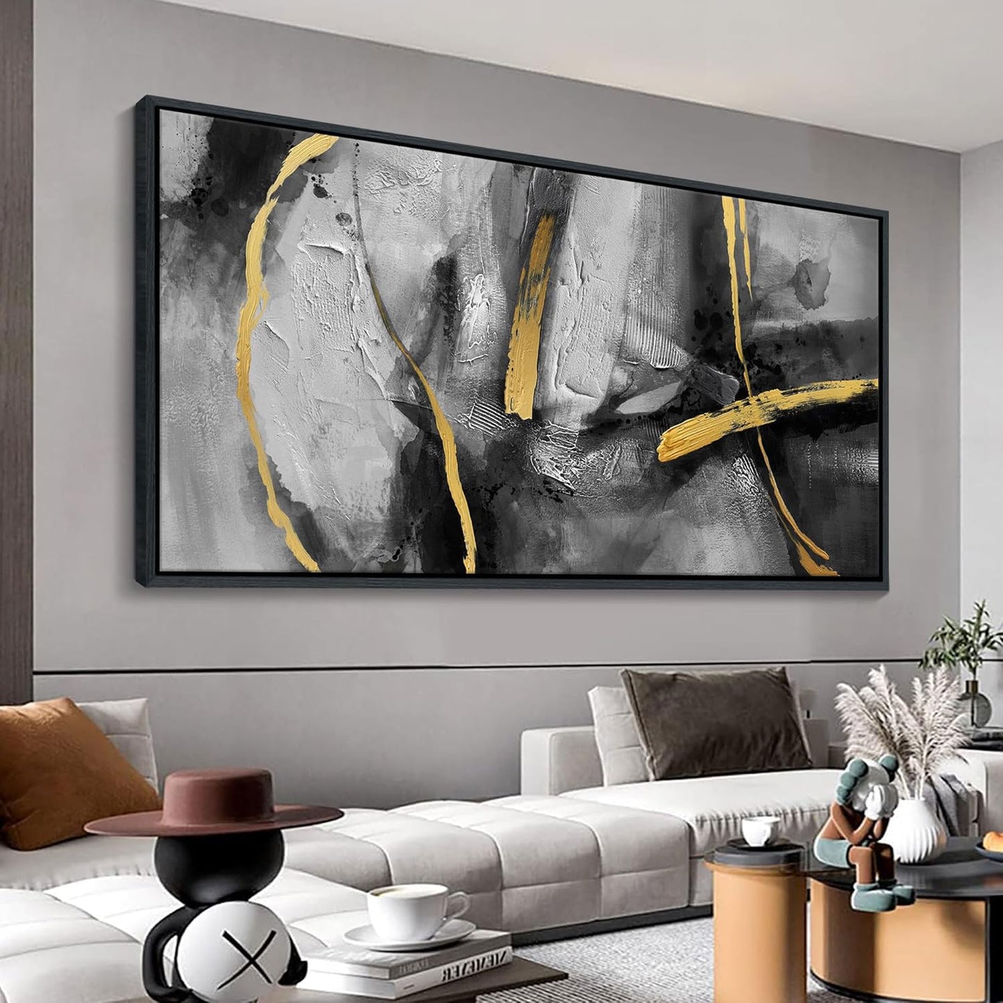 CHATYOUNG Abstract Large Canvas Wall Art for Living Room,Golden Line Canvas Prints, Hand-Painted Bedroom Wall Decor Black Gray Artwork for Home Cafe Kitchen Restaurant Decor, Framed, 29 x 58 In