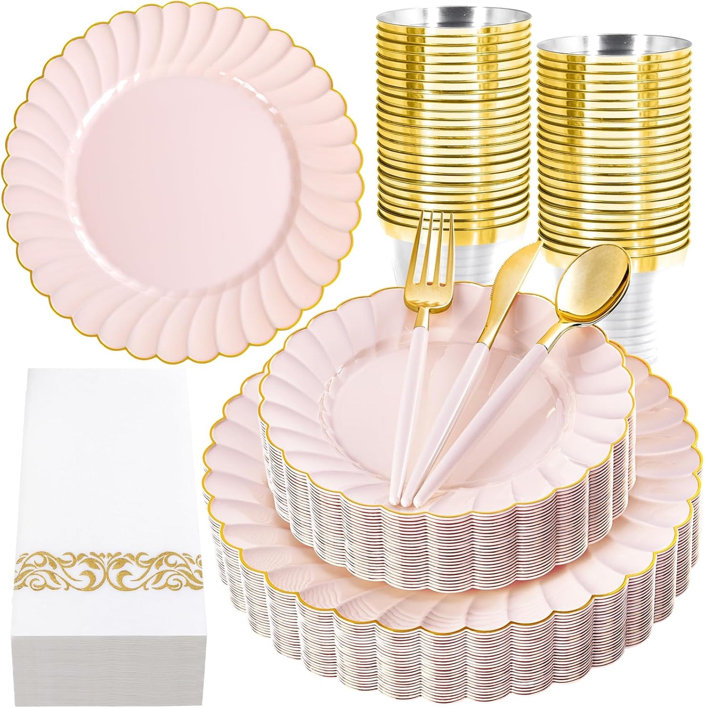 Ciaell 175 PCS Pink Scalloped Plastic Plates with Gold Trim - Pink Plastic Silverware with Handle - Fancy High-End Dinnerware Sets for Wedding & Showers & Party & Anniversary (25 Guests)