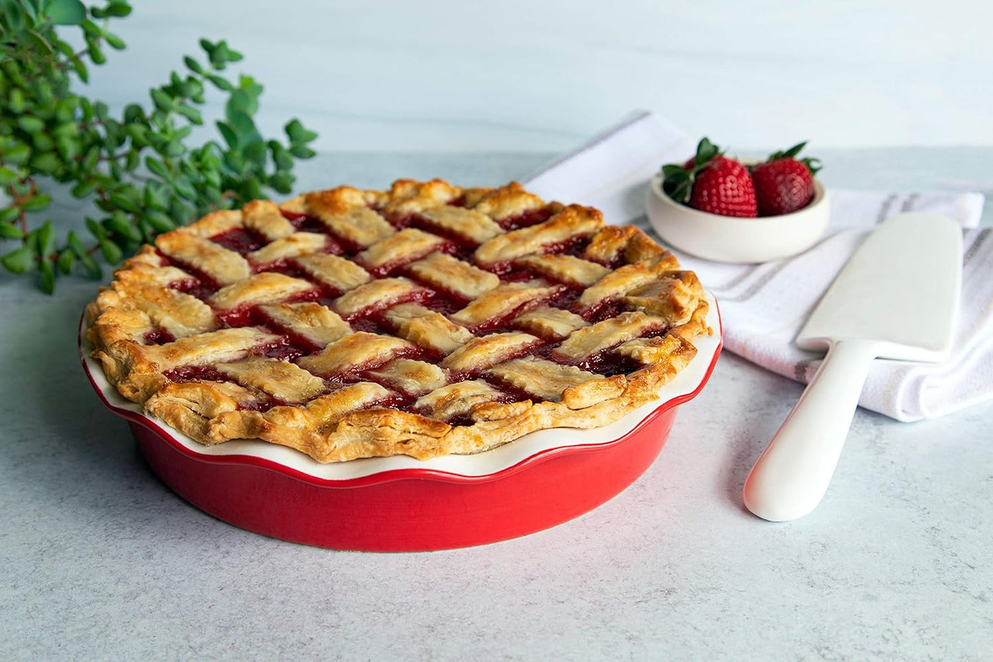 KooK Deep Dish Pie, Pecan Dessert Dish, Porcelain, Ceramic, Deep Dish Plate 10 Inch, Apple Pie, Ruffled Wave Edge, Reusable Round Pan, Oven and Dishwasher Safe, 44 Oz, (Cherry)