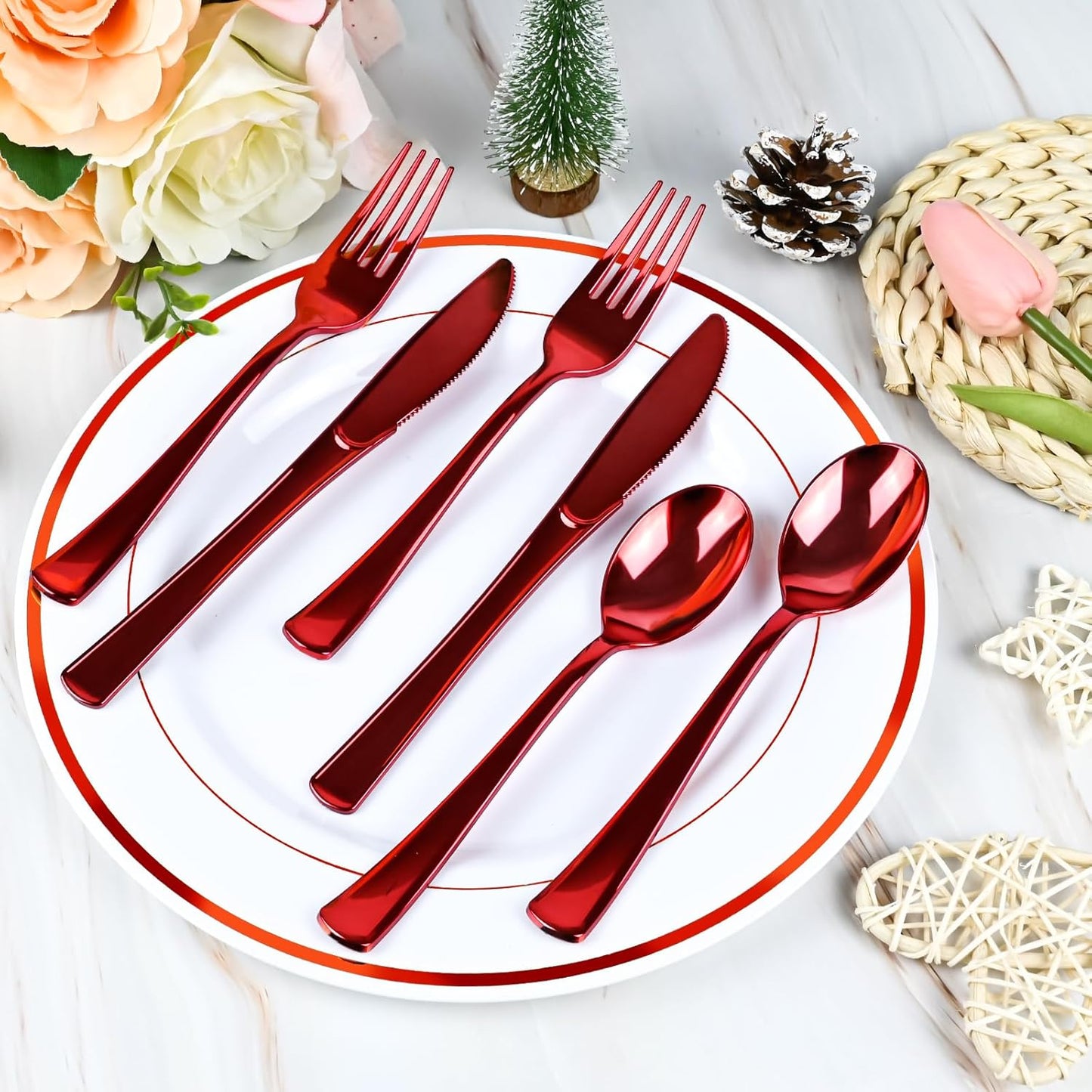 100Pack Red Pre Rolled Plastic Silverware - Wrapped Red Disposable Cutlery with Napkins, Heavy Duty Rolled Plastic Silverware Set, Disposable Utensils with Dinner Napkins for Valentine's Day