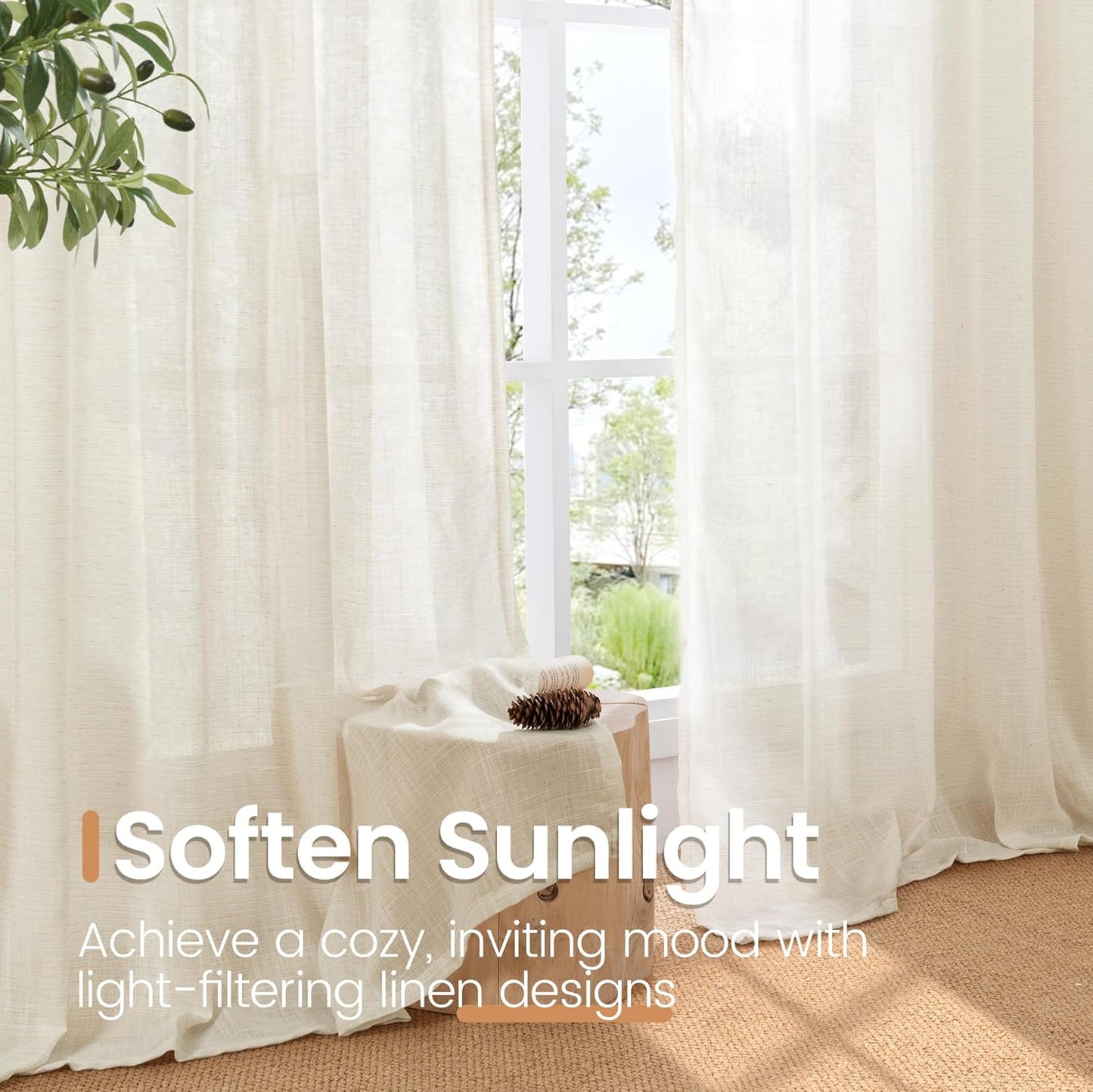 BGment 54 Inch Length Natural Linen Curtains for Short Window - Rod Pocket Semi Sheer Beige Drapes Light Filtering for Living Room Bedroom Textured Rustic Decorative, 2 Panels, Each Panel 42 Inch Wide