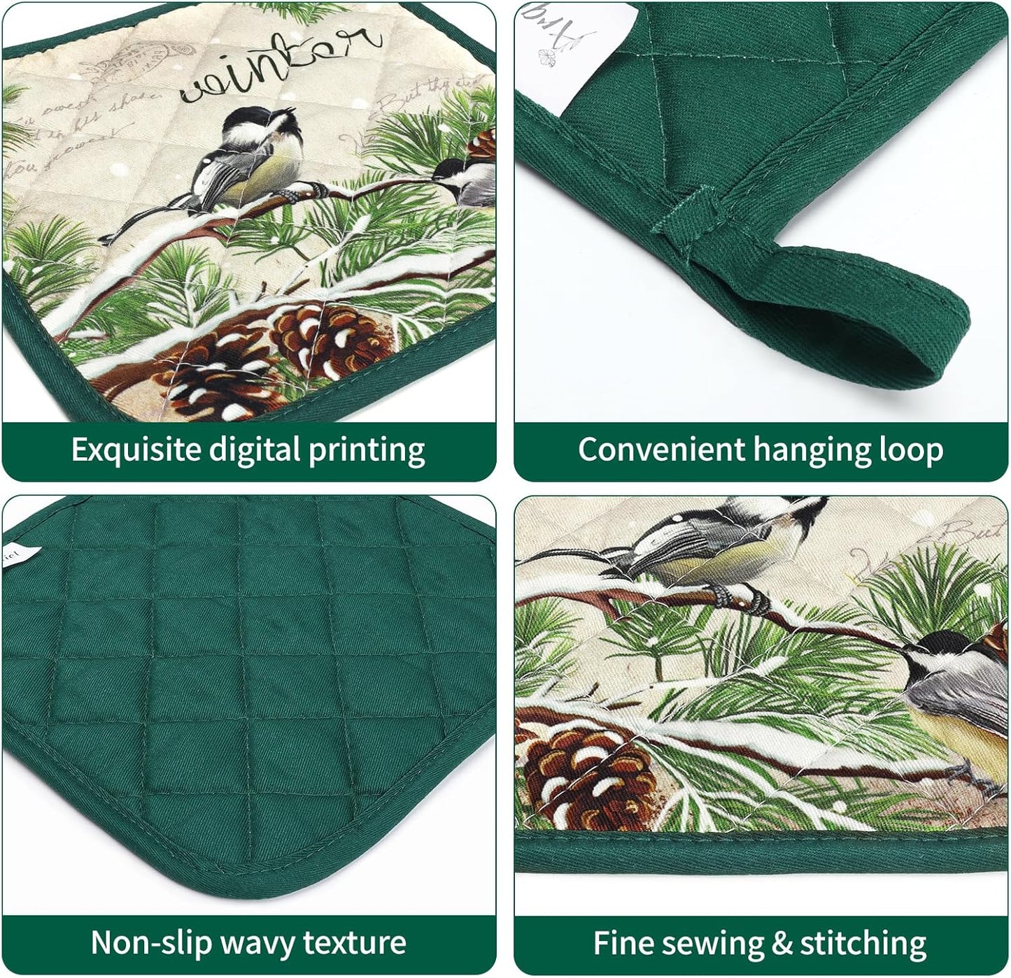 Winter Bird Leaf Oven Mitts and Pot Holders Sets 4Pcs, 100% Cotton Heat Resistant, Extra Long Oven Gloves Potholder for Kitchen Cooking Baking Decoration