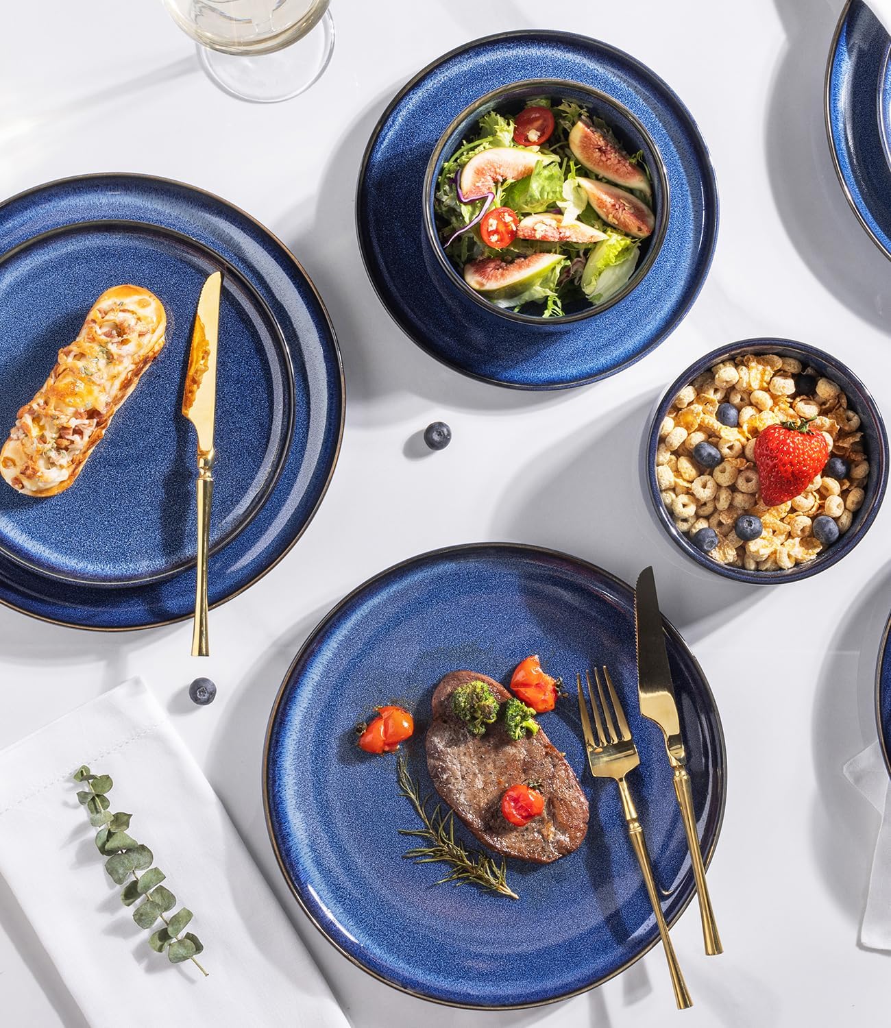 TheTerra Ceramic Dinnerware Sets for 4, 12 Pieces Handmade Reactive Glaze Plates and Bowls Set, Scratch Resistant Dish Set, Oven & Microwave & Dishwasher Safe, Blue