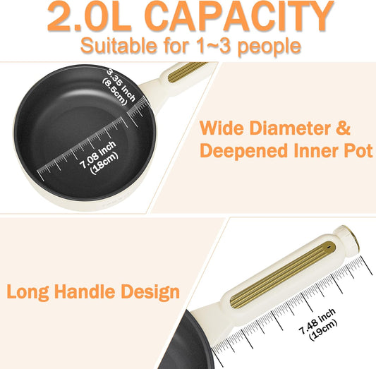 TOPWIT Hot Pot Electric, 2L Multifunctional Electric Pot, Non-Stick Sauté Pan, Portable Pot for Steak, Egg, Fried Rice, Ramen, Soup with Dual Power Control (Silicone Spatula Included), Beige