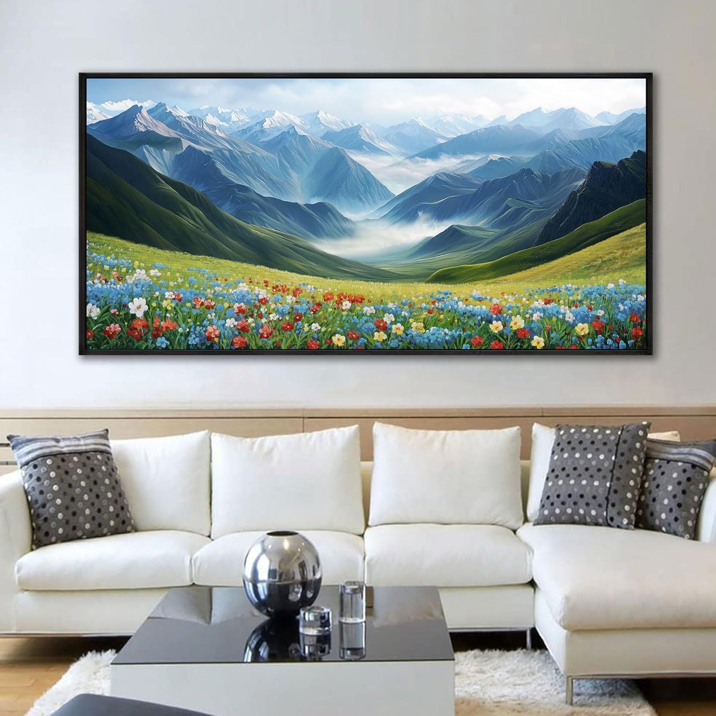 KLAKLA Mountain Wall Art - Large Landscape Living Room Wall Decor Rustic Wild Daisies Misty Forest Snowy Mountains Canvas Picture Framed Artwork for Walls - 58x29 Inches