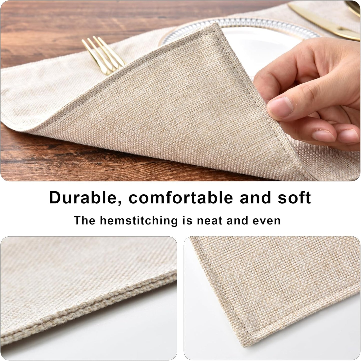SLKQG Linen-Look Placemats Set of 8, Heat Resistant & Machine Washable Double-Layered Cloth Placemats for Dining Table, Indoor/Outdoor Use, Non-Slip Kitchen Table Mats (8, Light Linen)