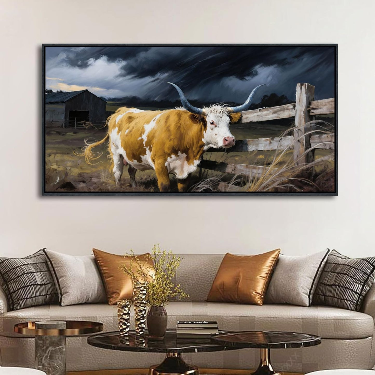 Highland Cow Wall Art - Rustic Pictures for Living Room,Framed Country Wall Decor, Vintage Artwork for Walls, Longhorn Cow wall Decor - Large Farmhouse Canvas for Bedroom 24×48IN