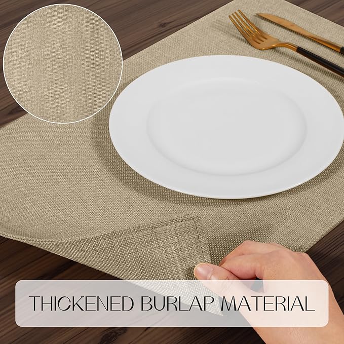 Romanstile Cloth Placemats Set of 4-12 x 18 Inch, Heat Resistant Double Layered Thickened Burlap Place Mats, Washable Faux Linen Farmhouse Table Mats for Kitchen/Dining/Party/Outdoor, Khaki