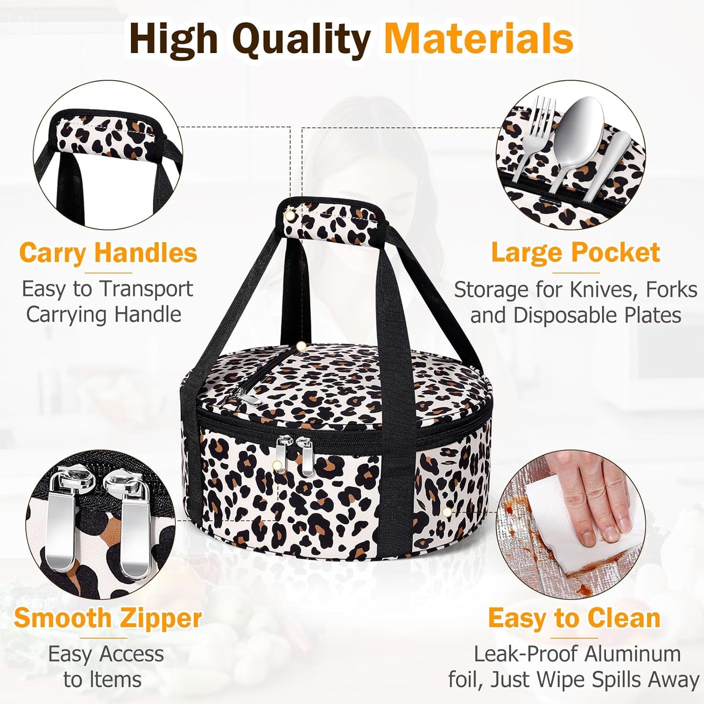 Round Insulated Casserole Carrier, Pie Carrier Bag, Portable Casserole Carrier for Hot or Cold Food Lunch Tote Warmer or Cooler Bag, Lunch Bag for Parties Picnic, Fits 12.5" Baking Dish, Leopard