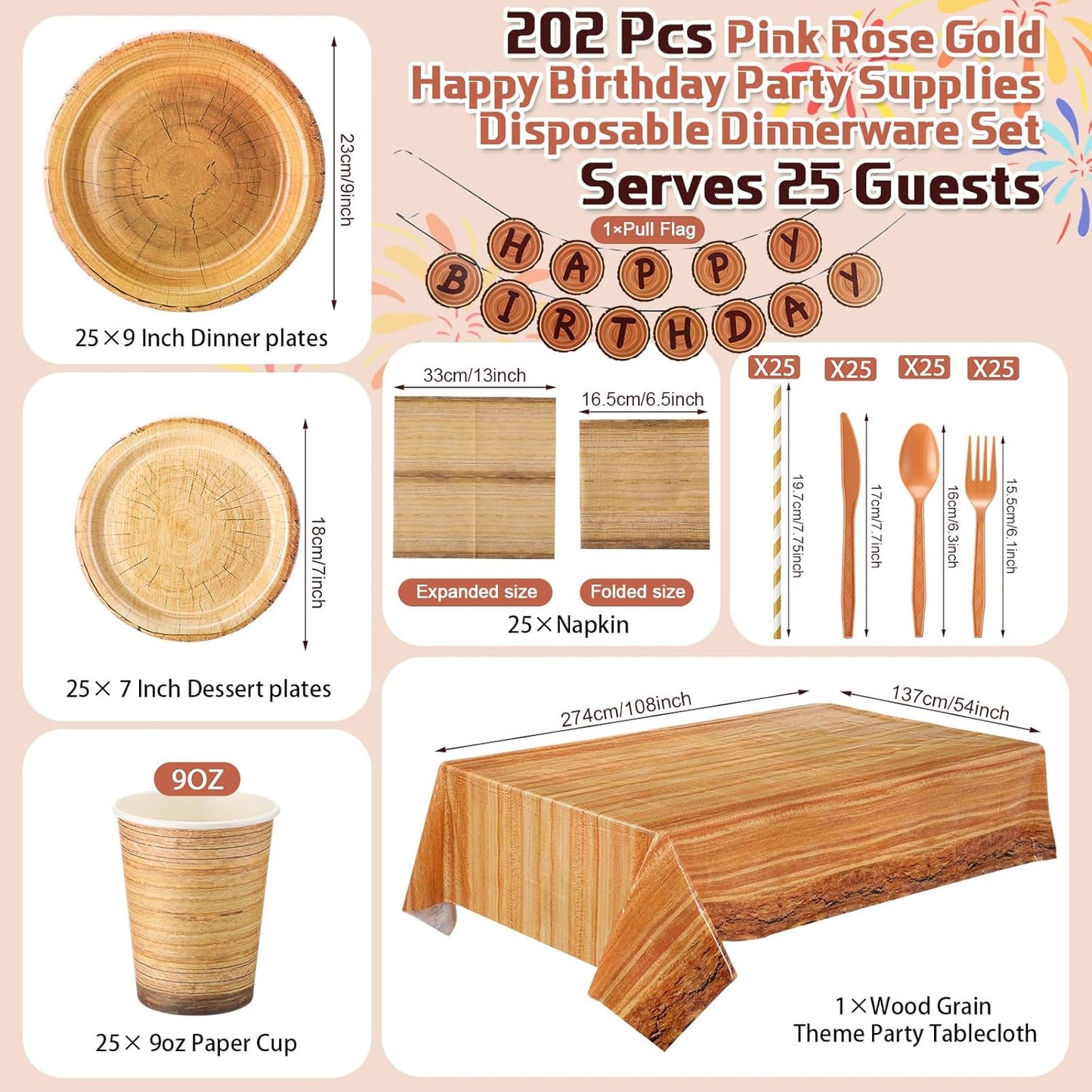 Sawysine 202 Pcs Wood Grain Party Supplies Disposable Dinnerware Set 50 Plates 25 Cups 25 Napkins 25 Plastic Forks 25 Knives 25 Spoons 25 Straw Flag Tablecloth to Serve 25 Guests