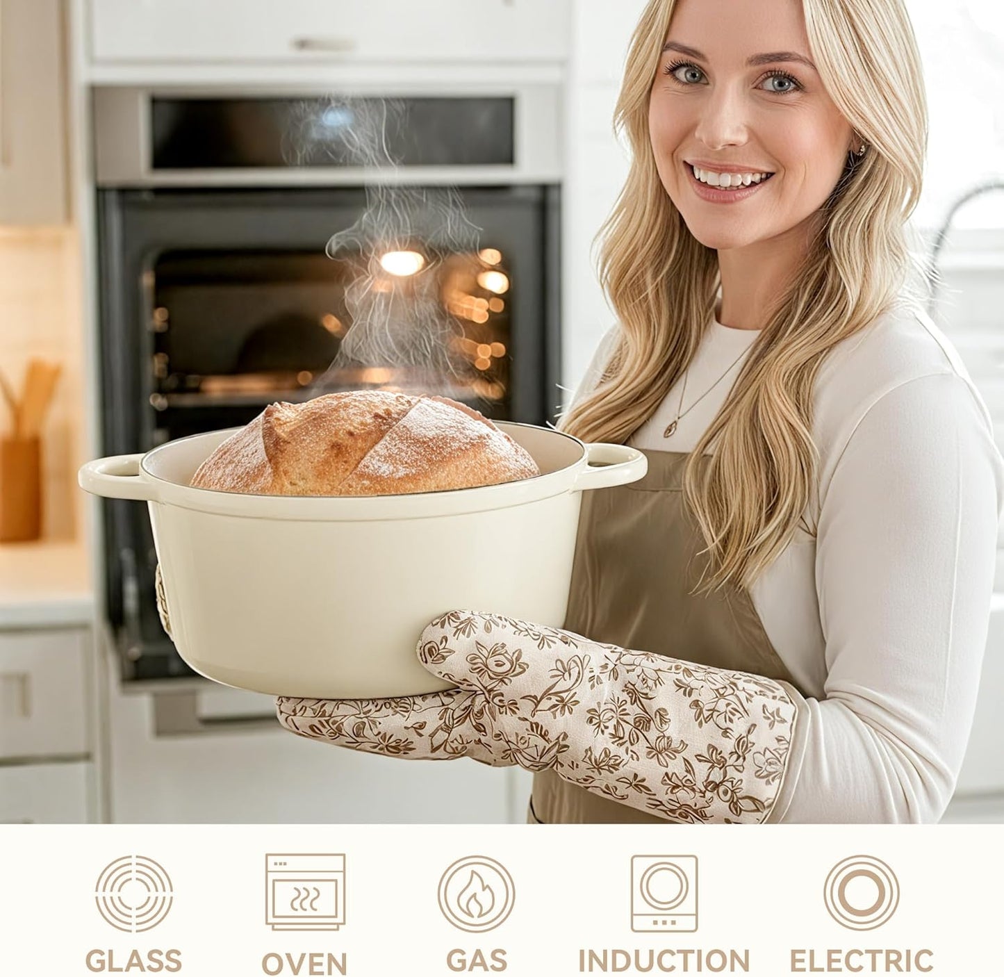 4.5 Quart Dutch Oven Pot with Lid, Non Stick Enameled Cast Iron Dutch Oven for Bread Baking, Heavy-Duty, Oven Safe Ceramic Cookware Up to 500°F for Baking, Braising, Stews, Roasting, Beige